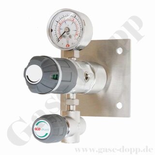 Labor Entnahmedruckminderer auf Wandplatte mit Absperr- & Regulierventil - Edelstahl - max. 50 bar / bis 10,5 bar regelbar - Eingang 1/4" NPT IG oben - Ausgang 1/4" NPT IG unten - GCE DRUVA PLCIVSS