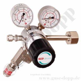 Flaschendruckminderer Pr&uuml;fgas 200 bar 1-stufig bis 100 bar regelbar - Anschluss M19x1,5 LH DIN 477-1 Nr.14 - Ausgang 1/4" KRV - EPDM - Messing verchromt 6.0 - GCE Druva CPLHESJ