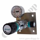 Labor Entnahmestelle auf Wandplatte mit Absperrventil im Eingang - max. 50 bar - ca. 0,2 bis 4,0 bar regelbar - Eingang 1/4" NPT IG oben - Ausgang 1/4" NPT IG unten - FFKM - Edelstahl 6.0 - GCE DRUVA PLCMKSSWMSP