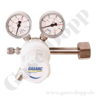 Flaschendruckminderer Wasserstoff 200 bar 1-stufig bis 3,5 bar regelbar - Anschluss W21,8x1/14" LH DIN 477-1 Nr.1 - Ausgang 1/4" KRV - Messing vernickelt 5.0 - GASARC LAP MASTER LGS501