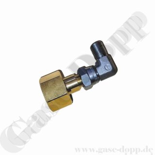 Flaschenanschluss Adapter 90&deg; DIN 477-1 Nr.6 - W21,8x1/14" IG &Uuml;M x G 1/4" AG - CO2 - L&auml;nge ca. 60 mm - mehrteilig gedichtet - 200 bar - Messing / Stahl