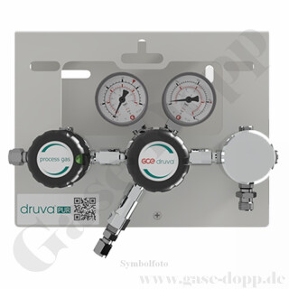 Druckregelstation 1 Eingang 200 bar max. bis 14 bar regelbar - 1-stufig - IN M14x1,5 AG - OUT 1/4" NPT IG + Absperrventil - Messing verchromt 6.0 - GCE Druva MPLH0XS0S0