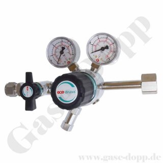 Flaschendruckminderer Argon / Helium 200 bar 1-stufig bis 14 bar regelbar - Anschluss W21,8x1/14" DIN 477-1 Nr.6 - Ausgang 1/4" NPT IG mit Absperrventil - FKM - Messing verchromt 6.0 - GCE Druva CPLH0SJ