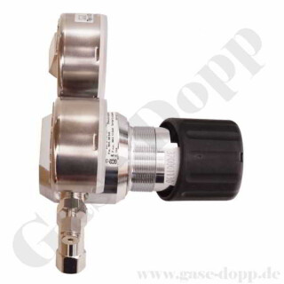 Flaschendruckminderer Stickstoff 200 bar 1-stufig bis 28 bar regelbar - Eingang Links W24,32x1/14" DIN 477-1 Nr.10 - Ausgang 6 mm KRV - FKM - Messing verchromt 6.0 - GCE Druva CPLH0SJ