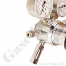 Flaschendruckminderer Wasserstoff 200 bar 1-stufig bis 28 bar regelbar- Eingang Links W21,8x1/14" LH DIN 477-1 Nr.1 - Ausgang 6 mm KRV - FKM - Messing verchromt 6.0 - GCE Druva