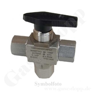 Kugelhahn 3-Wege - IN / OUT 1/16" KRV - max. 207 bar - Kunststoff Griff - mehrteilig gedichtet - 210&deg;C - Edelstahl - HAM-LET H6800 /  H6810SSN1/16PST