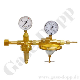 Flaschendruckminderer Brenngas 200 bar 2-stufig ca. 5 bis 30 mbar regelbar - Anschluss W21,8x1/14" LH DIN 477-1 Nr.1 - Ausgang G 1/4" AG  - Leistung ca.1m&sup3;/h - Messing