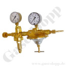 Flaschendruckminderer Brenngas 200 bar 2-stufig ca. 5 bis 30 mbar regelbar - Anschluss W21,8x1/14" LH DIN 477-1 Nr.1 - Ausgang G 1/4" AG  - Leistung ca.1m&sup3;/h - Messing vernickelt