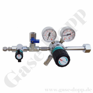 Flaschendruckminderer Helium 200 bar 1-stufig bis 28 bar regelbar - W21,8x1/14" DIN 477-1 Nr.6 - Ausgang 6 mm KRV - Sp&uuml;lventil im Ausgang - Messing verchromt 6.0 - GCE Druva CPLH0SJ