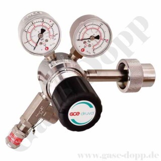 Flaschendruckminderer Inertgas 300 bar 1-stufig bis 200 bar regelbar - Handanschluss W30x2" DIN 477-5 Nr. 54 - Ausgang 6 mm KRV - mit Sicherheits&uuml;berdruckventil - Messing verchromt 6.0 - GCE Druva CPLH0SJ
