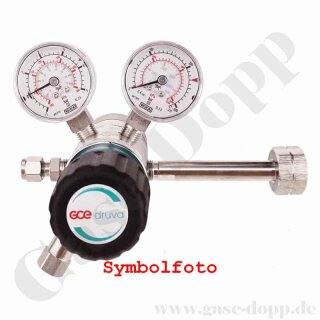 Flaschendruckminderer Wasserstoff 200 bar 2-stufig bis 3,0 bar regelbar - Anschluss W21,8x1/14" LH - DIN477-1 Nr.1 - Ausgang 1/16" KRV - Messing verchromt 6.0 - GCE Druva CPLH0DJ