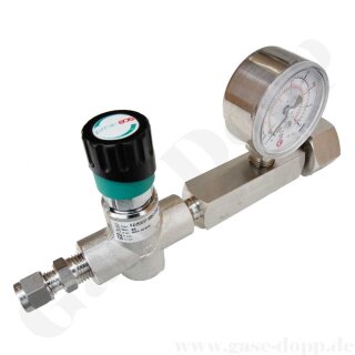 Flaschenanschlussventil / Membranventil mit Manometer DIN 477-1 Nr. 7 - Eingang G 5/8" RH - Ausgang 6 mm KRV - Edelstahl - 13 bar - SO2 - GCE DRUVA FAV50037