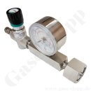 Flaschenanschlussventil / Membranventil mit Manometer DIN 477-1 Nr. 7 - Eingang G 5/8" RH - Ausgang 6 mm KRV - Edelstahl - 13 bar - SO2 - GCE DRUVA FAV50037 - nicht mehr lieferbar