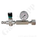 Flaschenanschlussventil / Membranventil mit Manometer DIN 477-1 Nr. 7 - Eingang G 5/8" RH - Ausgang 6 mm KRV - Edelstahl - 13 bar - SO2 - GCE DRUVA FAV50037 - nicht mehr lieferbar