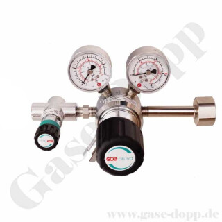 Flaschendruckminderer Schwefeldioxid 12 bar 1-stufig bis 2,0 bar regelbar - Anschluss G 5/8" DIN 477 Nr.7 - Ausgang: Schlauchtülle 8 mm mit Regulierventil - EPDM - 3 m³/h - Edelstahl 6.0 - GCE Druva - CSLLESJ
