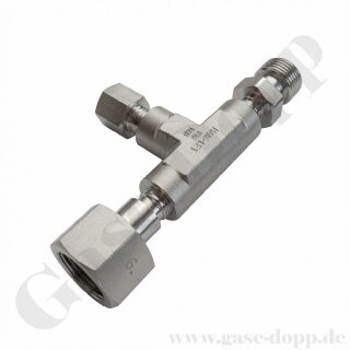 Adapter T-Stück W21,8x1/14" AG x G 1/4" IG x W21,8x1/14" IG ÜM Sechskantanschluss DIN 477-1 Nr.6 - u.a. für Drucksensoren Prüfmanometer - 200 bar - Edelstahl