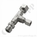 Adapter T-Stück W21,8x1/14" AG x G 1/4" IG x W21,8x1/14" IG ÜM Sechskantanschluss DIN 477-1 Nr.6 - u.a. für Drucksensoren Prüfmanometer - 200 bar - Edelstahl