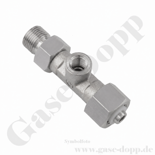 Adapter T-Stück W21,8x1/14" AG x 1/4" NPT IG x W21,8x1/14" IG ÜM Sechskantanschluss DIN 477-1 Nr.6 - u.a. für Drucksensoren Prüfmanometer - 200 bar - Edelstahl