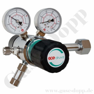 Flaschendruckminderer Helium Xenon 200 bar 2-stufig - bis 3,0 bar (a) AbsolutDruck regelbar - vakuumtauglich - Anschluss W21,8x1/14" DIN 477-1 Nr.6 - Ausgang 1/8" KRV - FKM - Edelstahl 6.0 - GCE Druva CSLAVDJ