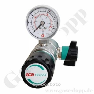 Labor Entnahmedruckminderer - ca. 0,1 bis 1,5 bar regelbar - Eingangsdruck max. 50 bar - Grundkörper mit Absperrventil im Eingang - Eingang G 3/8" hinten Ausgang 1/4" NPT unten - FKM - Messing verchromt 6.0 - GCE Druva PLCMVBCFMS0
