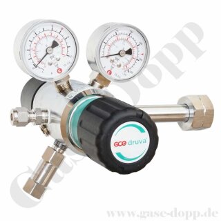 Flaschendruckminderer AFNOR E 200 bar 2-stufig bis 6,0 bar regelbar - Eingang W21,7x1,814" LH IG AFNOR E - Ausgang 8 mm Schlauchtülle - Eingang Rechts - 20 m³/h - FKM - Messing verchromt 6.0 - GCE Druva CPLH0DJ