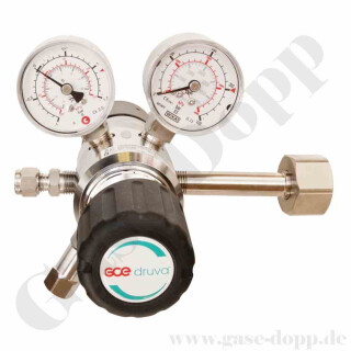Flaschendruckminderer Helium 200 bar 2-stufig 0,1 bis 1,0 bar regelbar - Anschluss W21,8x1/14" DIN 477-1 Nr. 6 - Ausgang KRV 6mm - 3 m³/h - Messing verchromt 6.0 - GCE DRUVA CPLLVDJ