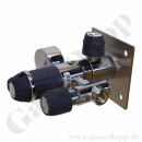 Labor Entnahmedruckminderer auf Wandplatte mit Absperrventil im Eingang + Absperr- & Regulierventil im Ausgang - 50 bar - bis 4,0 bar regelbar - Eingang 1/4" NPT IG oben - Ausgang 1/4" NPT IG unten - EPDM - Messing verchromt 6.0 - DRUVA PLCIEBCWMCP