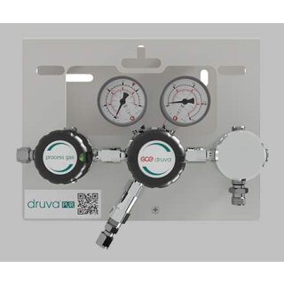 Druckregelstation 1 Eingang 200 bar max. bis 10 bar regelbar - 1-stufig - IN M14x1,5 AG - OUT 6mm KRV mit Absperrventil - induktives Kontaktmanometer im Eingang - EPDM - Messing verchromt 6.0 - GCE Druva MPLHEXSP