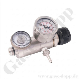 EntnahmeRegler C10 Druck - max. 83 bar - bis 1,0 bar regelbar - zweistufig - Anschluss 5/8"-18 UNF AG C10 - Ausgang Schlauchtülle 4,8 mm - Messing vernickelt - GD1210-10