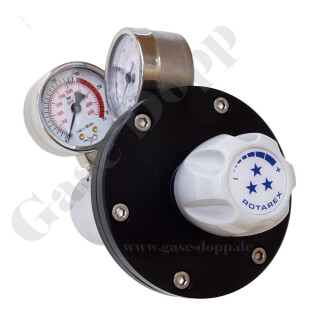 Flaschendruckminderer Stickstoff  200 bar 2-stufig 0,01 bis 0,1 bar bar regelbar - Anschluss W24,32x1/14" DIN 477-1 Nr.10 - Ausgang 1/4" NPT IG - EPDM - Messing verchromt 6.0 - Rotarex