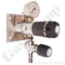Labor Entnahmedruckminderer auf Wandplatte mit Absperr- & Regulierventil - max. 50 bar / 0,1 - 1,5 bar regelbar - Eingang 6 mm KRV oben - Ausgang 6 mm KRV unten - FKM - Messing verchromt  - GCE DRUVA PLCIVBCWMCP