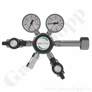 Flaschendruckminderer Wasserstoff 200 bar 2-stufig bis 3,0 bar regelbar - Anschluss W21,8x1/14" LH DIN 477-1 Nr.1 - Ausgang 6 mm KRV mit Absperrventil - Spülventil im Eingang - Edelstahl 6.0 - GCE Druva CSLH0DJ