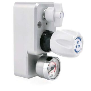 Labor Entnahmestelle auf Block mit Absperrventil im Eingang - max. 50 bar - ca. 0,5 - 10 bar regelbar - Eingang G 3/8" IG oben - Ausgang G 3/8" NPT unten - EPDM - Messing verchromt 6.0 - Rotarex
