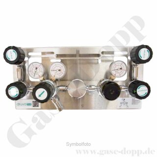 Batteriedruckminderer Entspannungsstation Druckregelstation - halbautomatische Umschaltung - 300 bar - bis 10 bar regelbar - 2-stufig - 2 Eingänge 1/4" NPT iG - Ausgang 1/4" NPT IG - mit Eigengasspülung - Absperrventil - Edelstahl 6.0 - GCE Druva