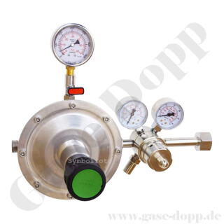 Flaschendruckminderer Wasserstoff Brenngas 200 bar 2-stufig - ca. 5 bis 45 mbar regelbar - Anschluss W21,8x1/14" LH IG ÜM - DIN 477-1 Nr.1 - Ausgang G 1/2" IG - 6 Port - Eingang Rechts - 8 m³/h - FKM - Alumium / Messing vernickelt 5.0 - GDVSR 141