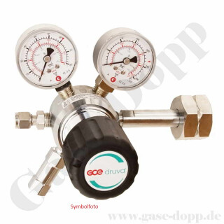 Flaschendruckminderer Wasserstoff 300 bar 1-stufig bis 50 bar regelbar - Anschluss W30x2" LH DIN 477-5 Nr.57 - Ausgang 12 mm KRV mit Regulierventil - Messing verchromt 6.0 - GCE DruvaPUR CPLH0SJ