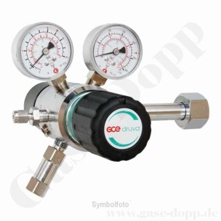Flaschendruckminderer AFNOR 200 bar 2-stufig bis 3 bar regelbar - Anschluss AFNOR C - Ausgang 6 mm KRV - EPDM - Messing verchromt 6.0 - GCE Druva CPLHEDJ